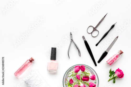 manicure and pedicure equipment for nail bar set on white background top view mockup