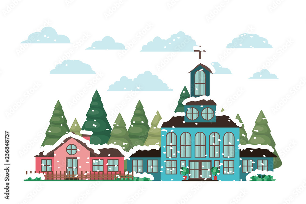 church in neighborhood with pines falling snow avatar character