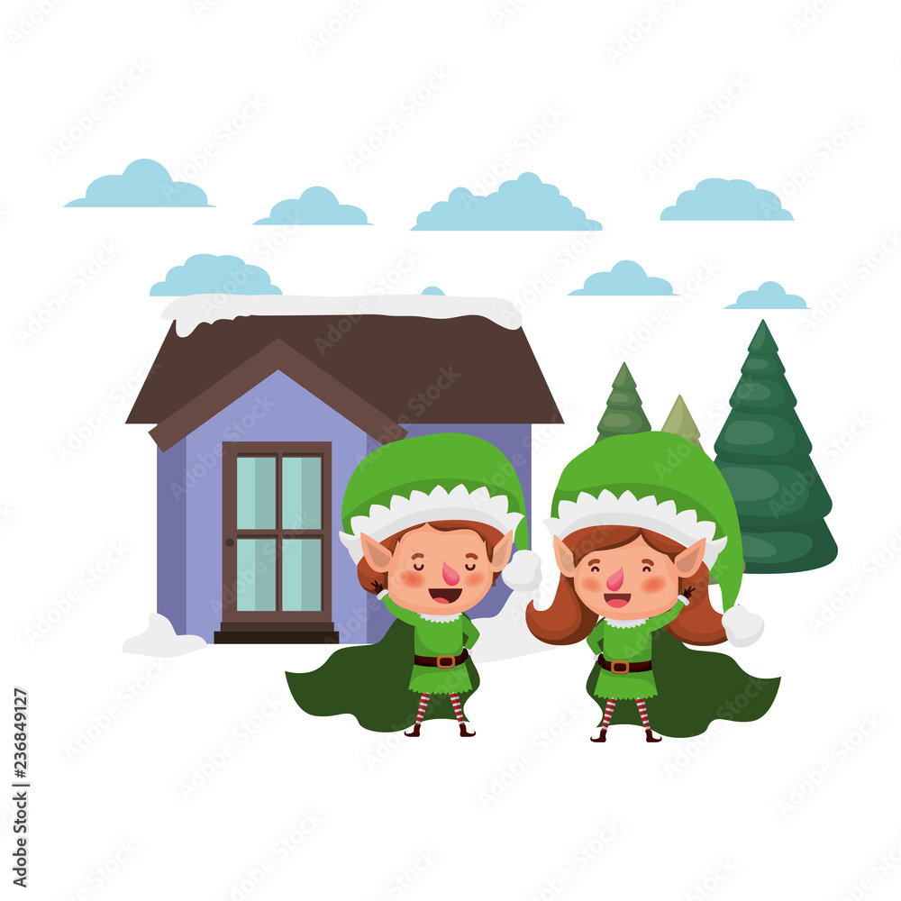 Naklejka premium house with pine trees and couple of elves