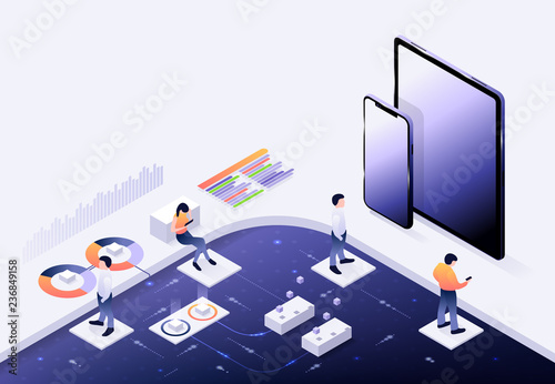 Data visualization concept. People, analysts and managers, interacting isometric composition. Cross platform development website. Tablet and phone. Vector illustration.