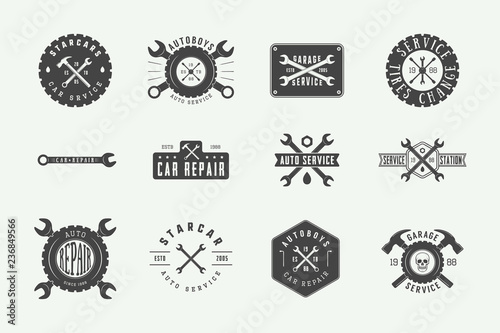 Set of vintage mechanic label, emblem, badge and logo. Vector illustration. Graphic Art