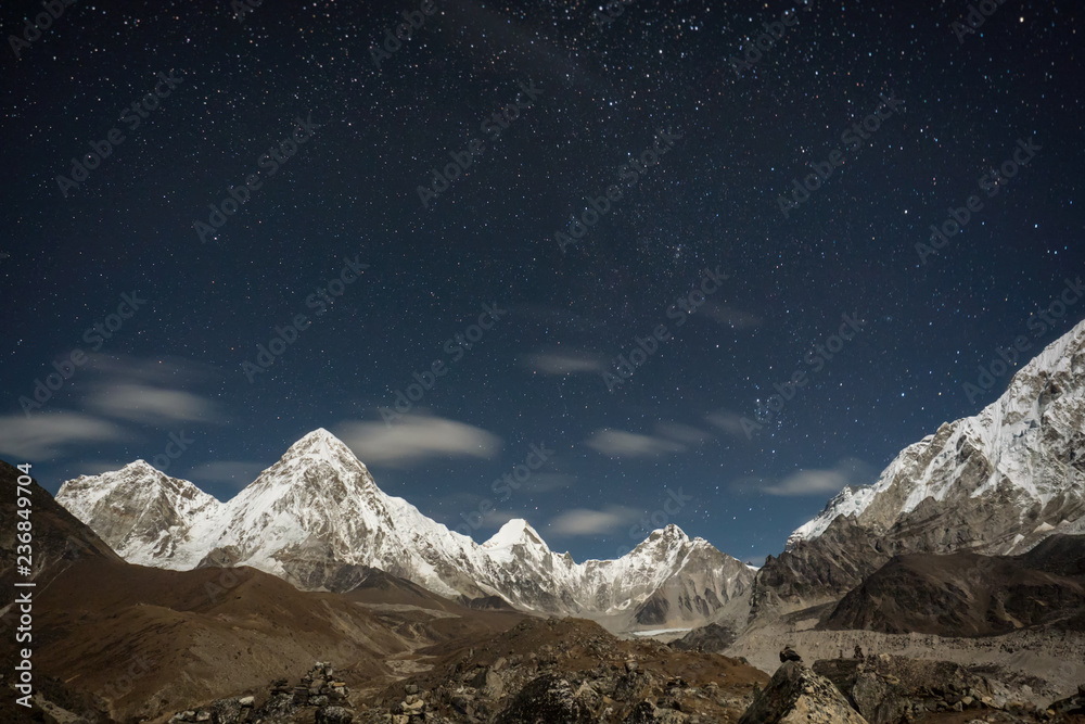 Himalayan mountain landscape under the starry night sky. Lobuche ...