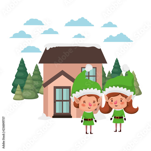 house with pine trees and couple of elves