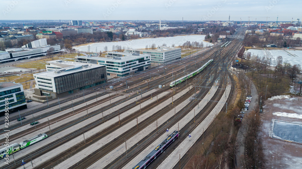 Aerial view of Helsinki railway station. Train departs the station