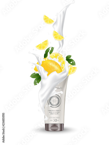 Organic Cosmetic luxury packaging, plastic tube. Cosmetics cream  magazine ads product lemon citrus fruit. 3d Realistic packaging body scrub. Splashing cream milk.  Label design  illustration.