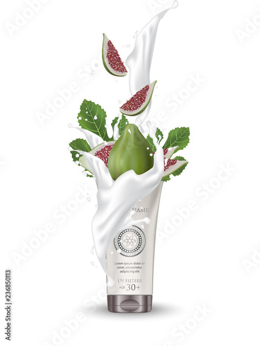Organic Cosmetic luxury packaging, plastic tube. Cosmetics cream  magazine ads product with fig fruit. 3d Realistic packaging body scrub. Splashing cream milk.  Label design   illustration.