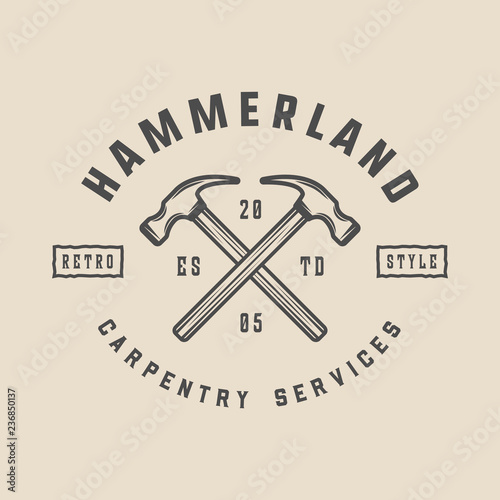 Vintage carpentry, woodwork and mechanic label, badge, emblem and logo. Vector illustration. Monochrome Graphic Art.
