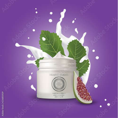 Cosmetic luxury packaging, plastic tube. Container white. Tube mock-up for oil, face moisturizer cream, toothpaste, scrub or gel. Figs. Leaf. Splashing cream milk.   Illustration.
