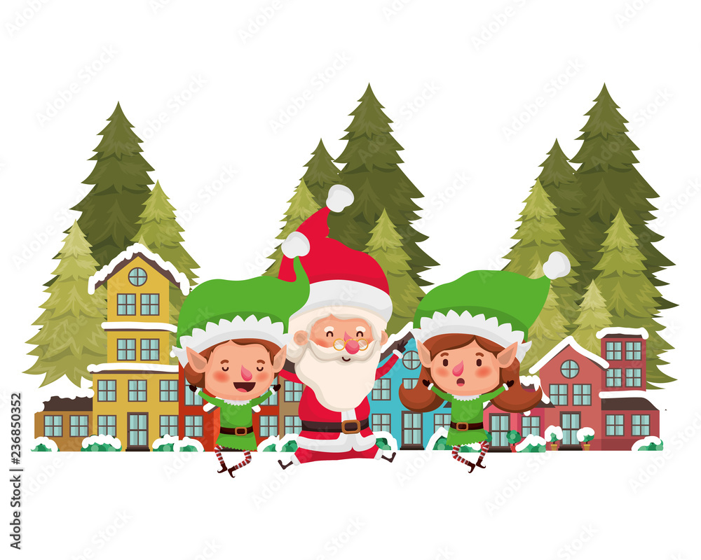 neighborhood and elf couple with santa claus neighborhood and elf couple with santa claus