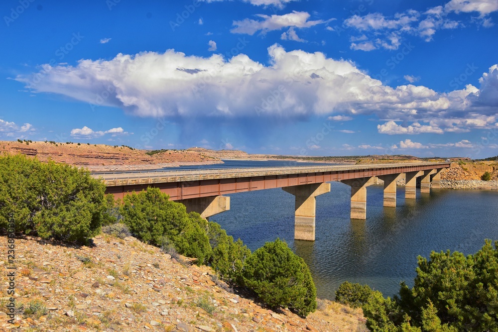 Starvation State Park Reservoir Late Summer early Fall panorama of lake around bridge with rain clouds near Duchesne on US Highway 40, in the Uinta Basin Range of Utah United States, USA