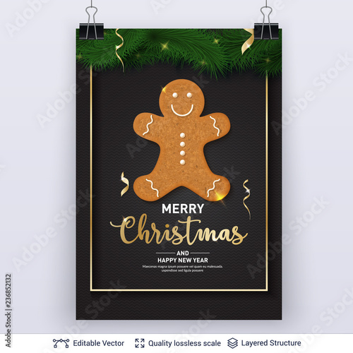 Gingerbread man cookie and text on dark banner.