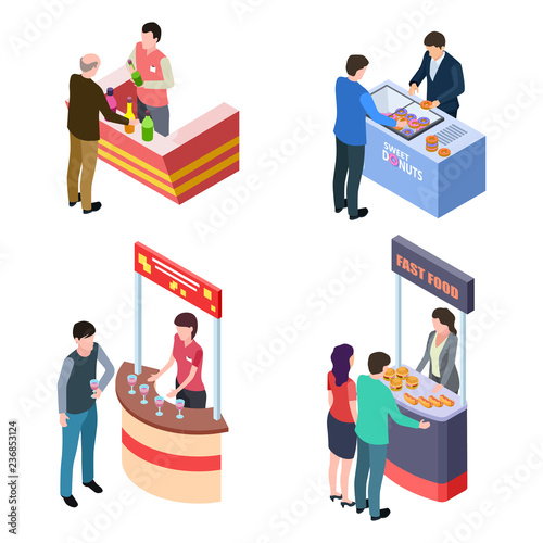 Isometric tasting food and drinks at promotional stands vector illustration. Promotion stand fast food, 3d distributor counter