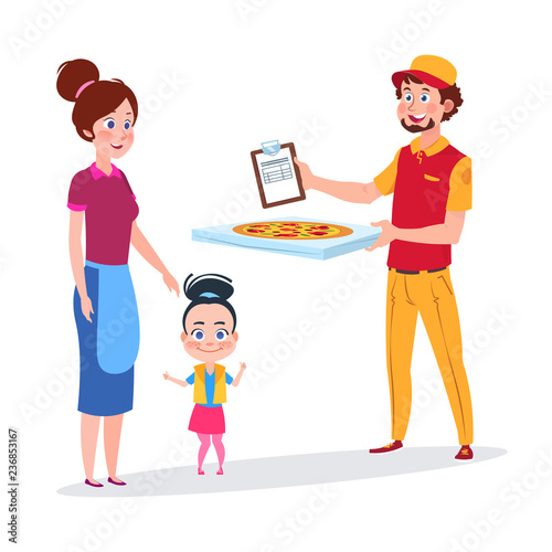 Baby girl and her mother rejoice pizza delivery vector illustration. Pizza delivery, courier service with box deliver