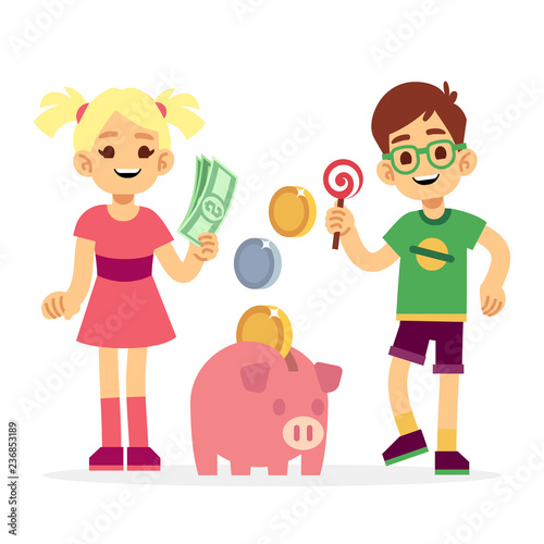 Financial literacy of children concept. Kids saving money with piggy bank. Children boy and girl with moneybox illustration