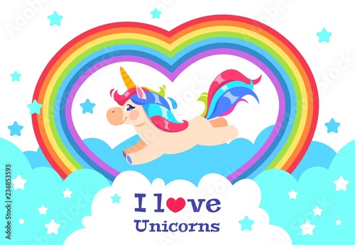 Cute rainbow unicorn. Cartoon funny baby rainbow pony. Girl inscription vector background. Illustration of unicorn with rainbow, magic lovely character horse