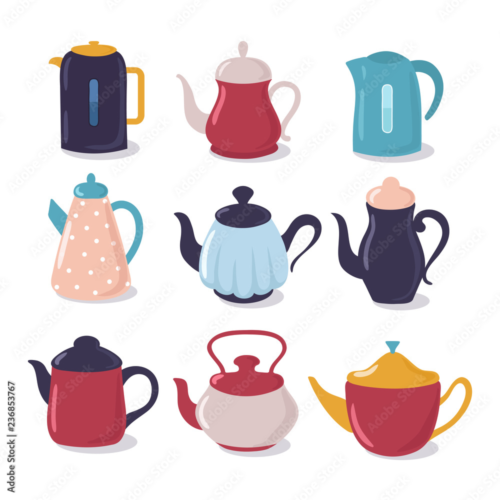 Cute Teapots Kitchen Tools Cartoon Teapot Or Kettle Decorative Ceramic  Householding Elements Isolated Modern Coffee Tea Exact Vector Set Stock  Illustration - Download Image Now - iStock