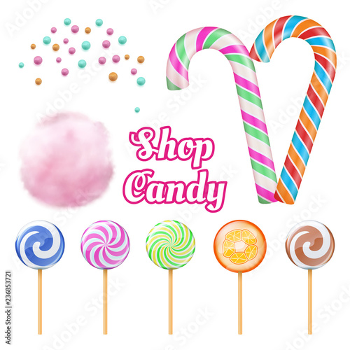 Vector realistic candies - cotton candie and lollipops isolated on white background. Spirals lollipop and cotton wool, colored striped twist illustration