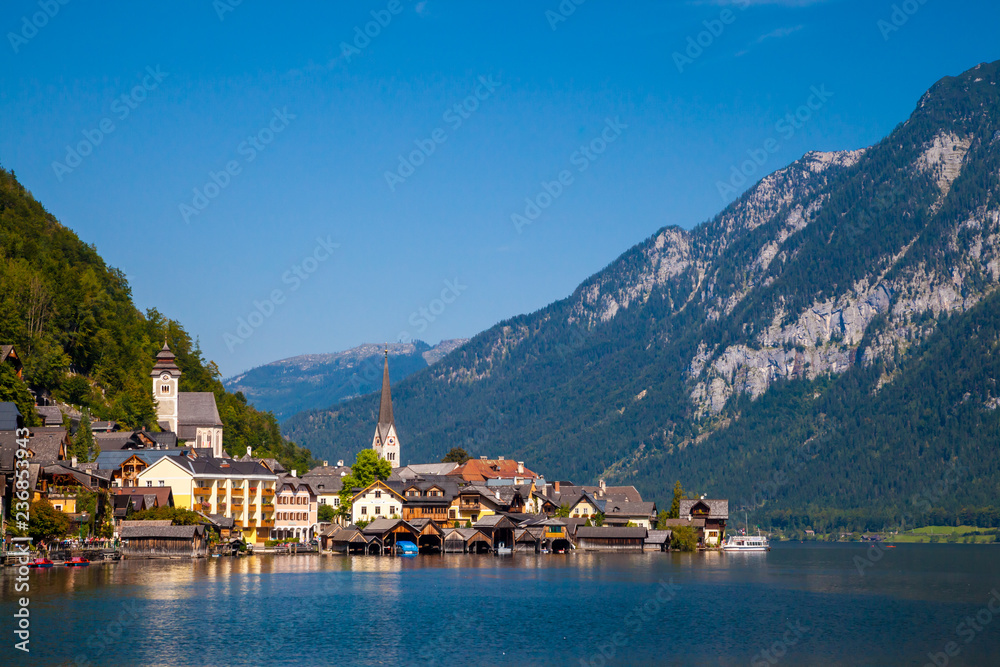 Lookin across the lake at the idyllic village of Hallstatt, Austria