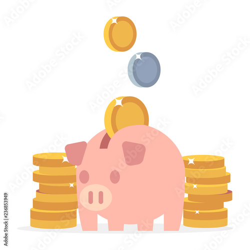 Piggy bank and coins. Flat saving money vector concept. Illustration of moneybox and piggybank with money coins