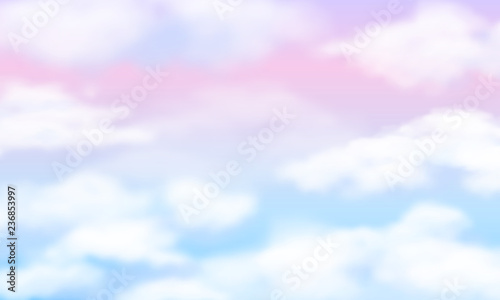 Fantasy sky. White clouds on magic rainbow background. Fairy cute unicorn cloudy vector wallpaper. Illustration of weather cloud fantasy, pattern dream background