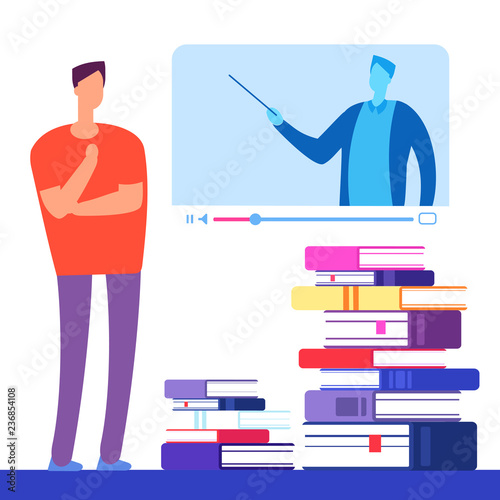 Self education with books and online courses vector concept. Illustration of education distance, e-learning video course