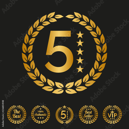 Golden laurel wreath with stars on black background.