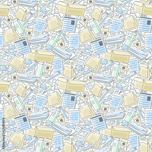 Seamless pattern with waste paper elements.Contour and fill style vector illustration