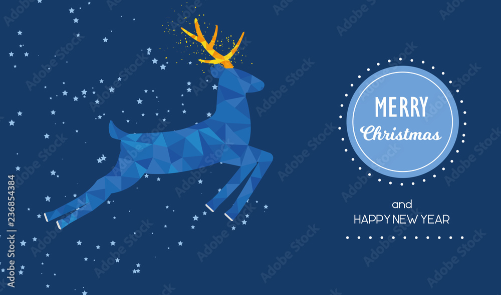 creative New Year's deer with golden horns in triangular style on a blue background with a wish of Merry Christmas and a happy new year creative New Year's deer with golden horns in triangular style on a blue background with a wish of Merry Christmas and a happy new year