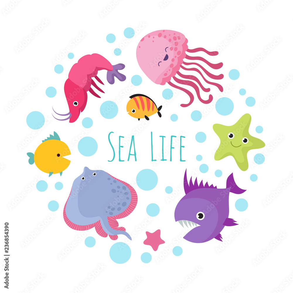 Fototapeta premium Cute cartoon sea life animals isolated on white background. Sea animal, ocean fish underwater illustration