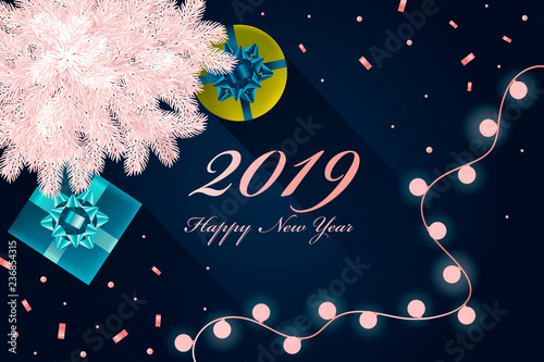 happy 2019 year. New Year banner with fir, garland and gifts. vector realistic illustration. Christmas decorations.
