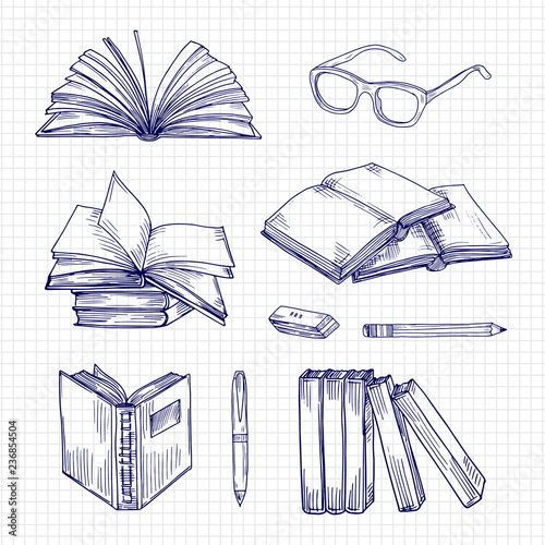 Sketch books and stationery. Vintage library doodle vector collection. Illustration of stationery book and notebook paper, pen and glasses