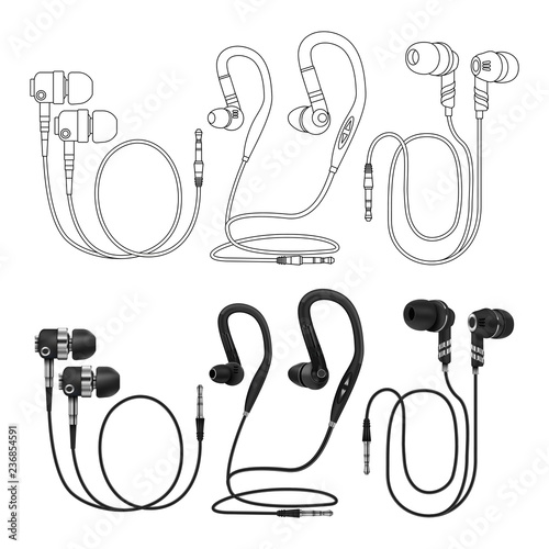 Outline and realistic earphones vector isolated on white background. Illustration of headphone for music