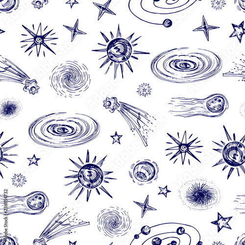 Space elements, planets, stars, asteroids seamless pattern. Space planet and asteroid, comet in galaxy. Vector illustration