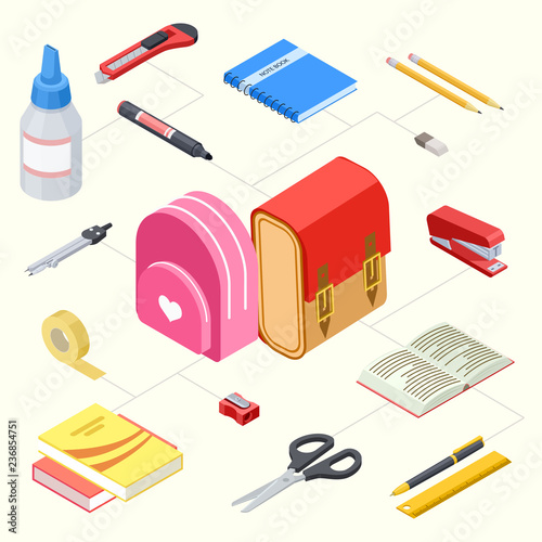 Vector illustration of isometric stationeries and school backpacks. Stationery collection marker and compasses, stapler and pencil