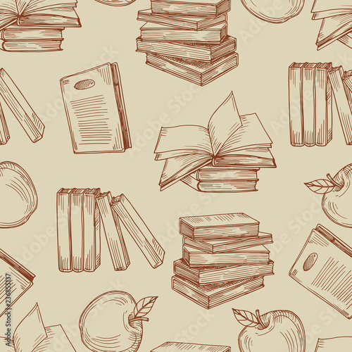 Sketch vintage books seamless pattern or background. Sketch education seamless book for school, literature and apple illustration