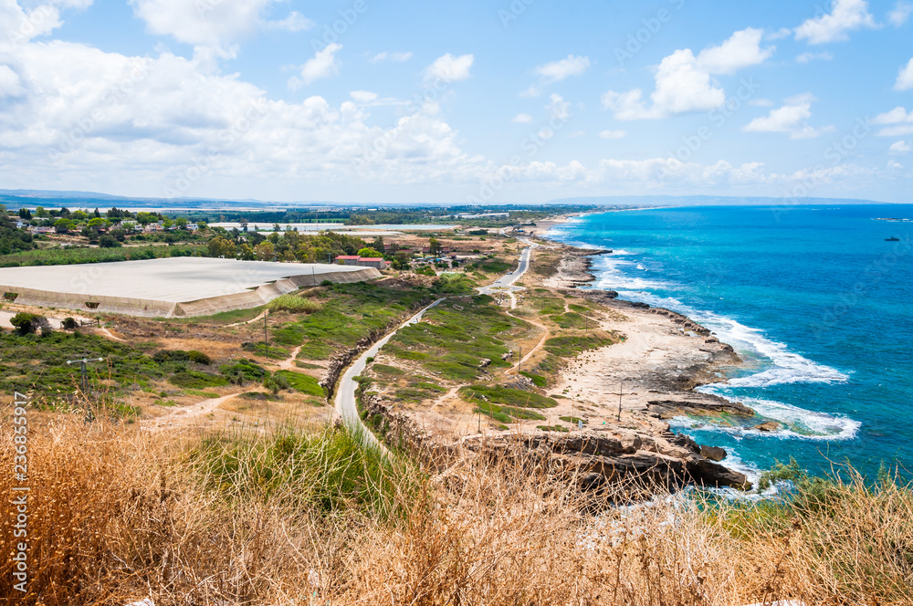 Panoramic view on North Galilee nature and Mediterranean Sea coast from Rosh Hanikra National Park in Israel