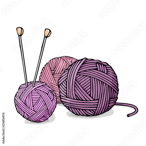 Balls of different colors of wool for knitting and knitting needles. Colorful vector illustration in sketch style.