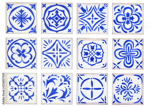 Set vintage ceramic tiles in azulejo design with blue elements of floral ornament on white background. Watercolor hand drawn painting illustration.