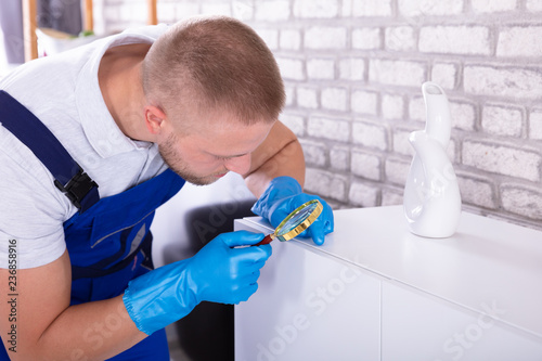 Fotografie Janitor Examining Cabinet With Magnifying Glass