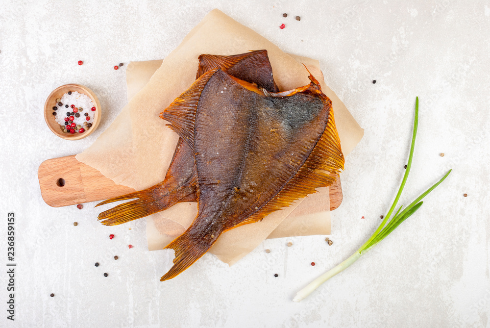 smoked flounder on white background