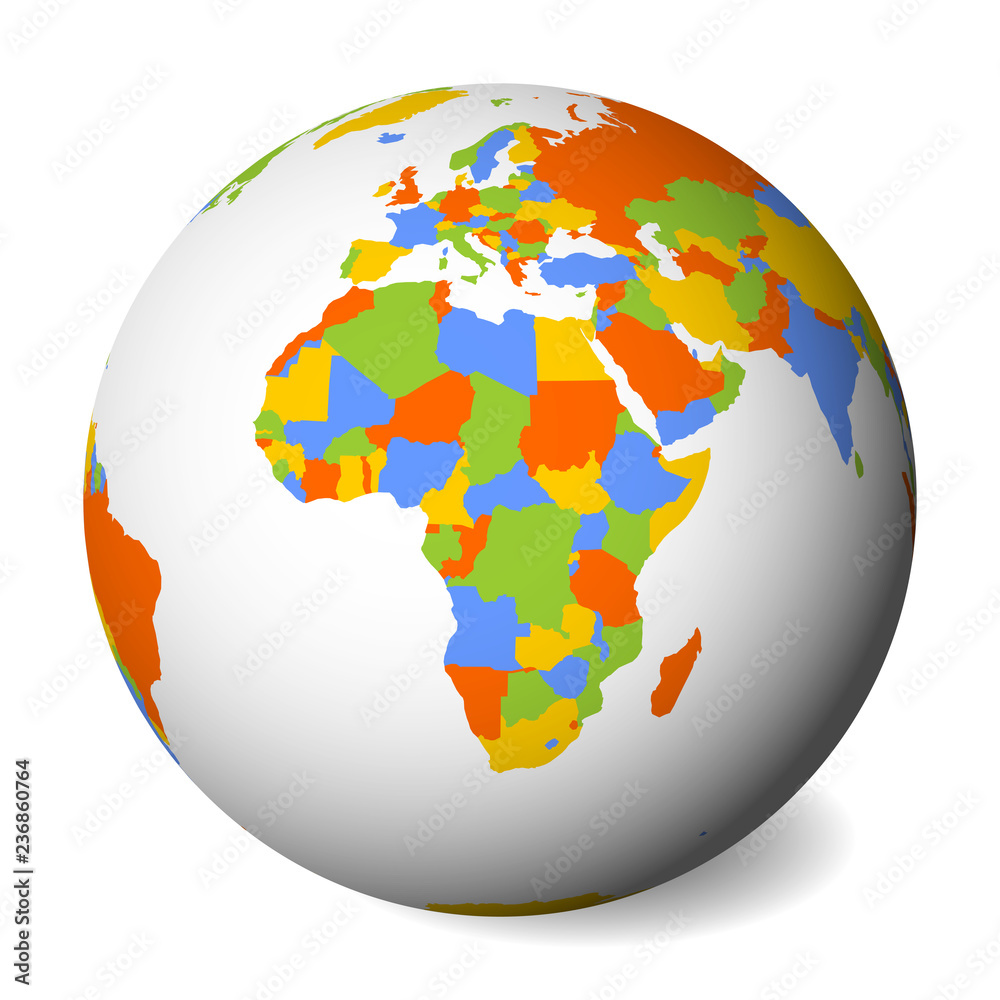 Naklejka premium Blank political map of Africa. 3D Earth globe with colored map. Vector illustration.