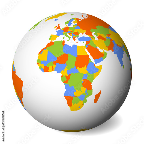Blank political map of Africa. 3D Earth globe with colored map. Vector illustration.