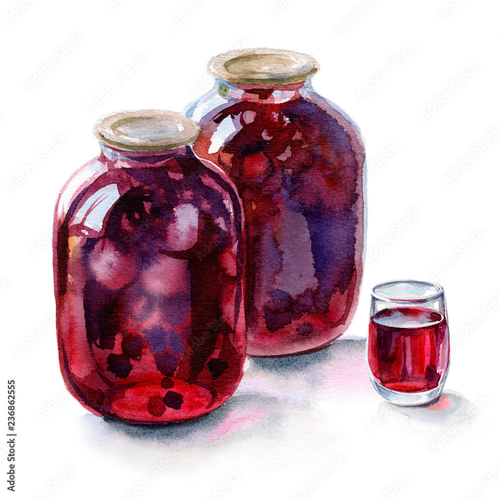 Watercolor still-life from cans of drink and a glass Watercolor still-life from cans of drink and a glass