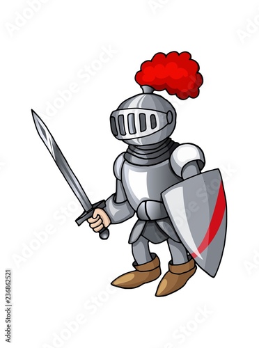 Cartoon medieval knight with shield and sword, isolated on white background