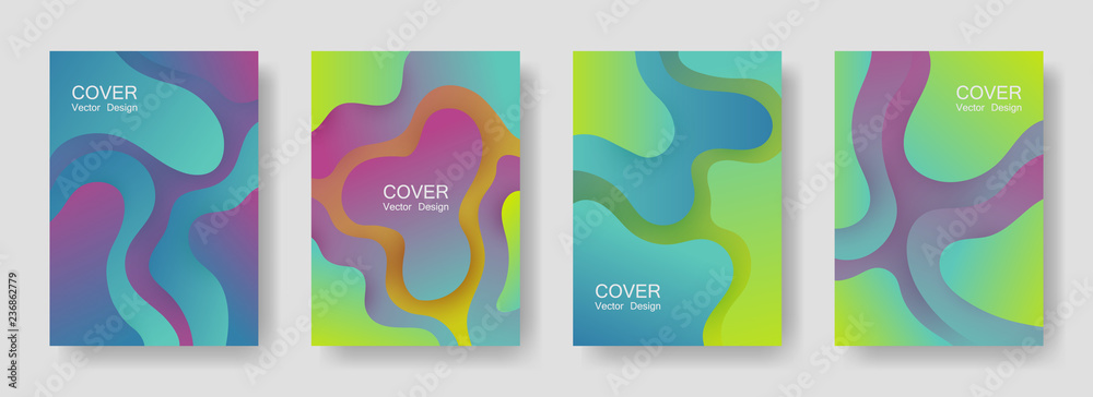 Gradient liquid shapes abstract covers vector set. Scientific brochure backgrounds design. Flux paper cut effect blob elements pattern, fluid wavy shapes texture print. Cover pages.