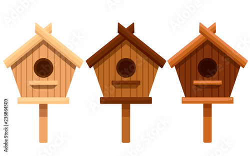 Set of wooden bird house. Nesting box from different types of wood. Flat vector illustration isolated on white background