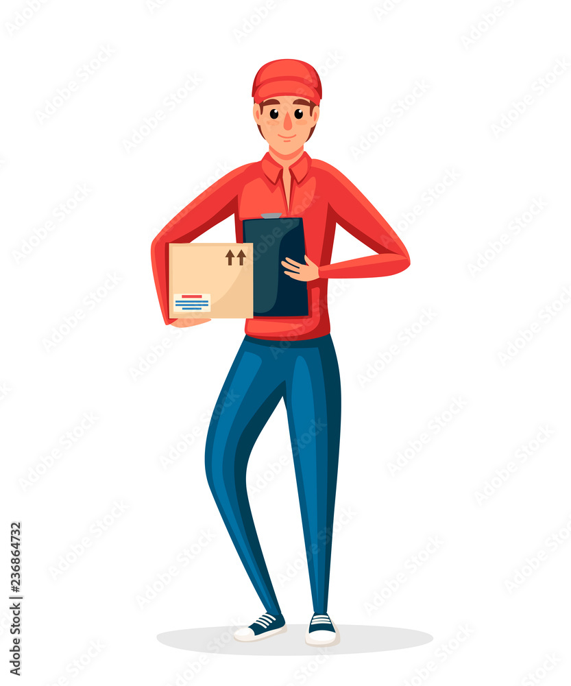 Postal courier. Delivery worker holding cardboard box. Cartoon character design. Red postal uniform. Delivery of parcel and packages. Flat vector illustration isolated on white background