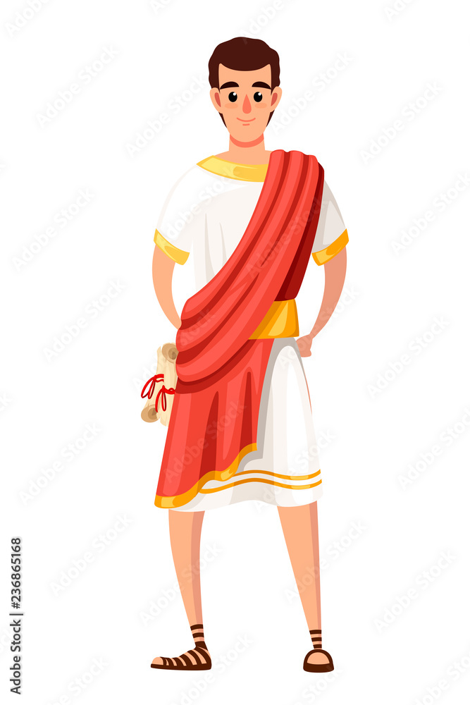 Roman senator or citizen. Cartoon character design. SPQR, man with scrolls. Flat vector illustration on white background