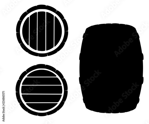 Black silhouette. Wooden barrel with metal bands. Wine or beer keg. Flat vector illustration isolated on white background