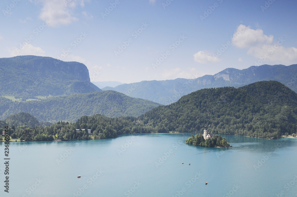 Bled Castle. Top view of the lake Bled and the castle. Popular tourist destination. Travel to Slovenia